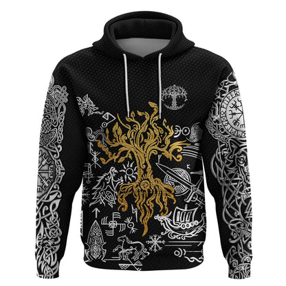 Yggdrasil Pattern And Ancient Rune Black Viking Hoodie