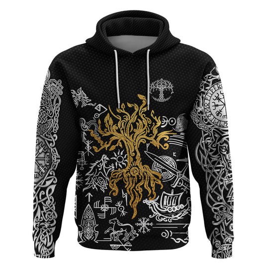 Yggdrasil Pattern And Ancient Rune Black Viking Hoodie