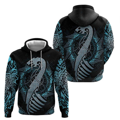 Dragon Viking With Runes Zipper Blue Black Viking Hoodie