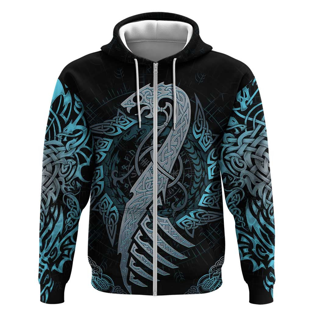 Dragon Viking With Runes Zipper Blue Black Viking Hoodie