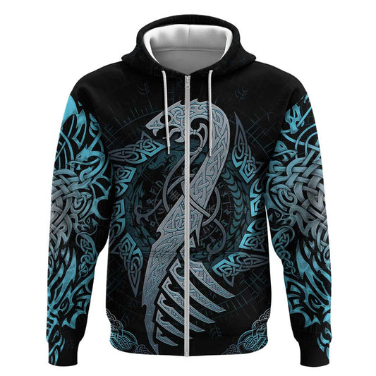Dragon Viking With Runes Zipper Blue Black Viking Hoodie