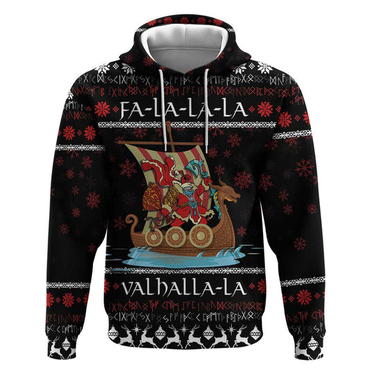 Vikings Christmas Santa Warrior on The Viking Ship with Xmas and Snowflake Pattern Viking Hoodie