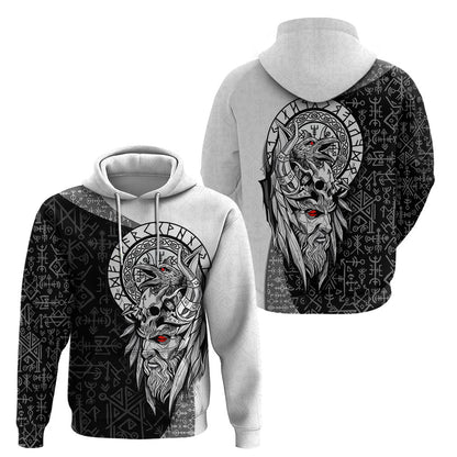 Viking Odin Ravens of Valhalla with Helm of Awe and Ancient Rune Patterns Viking Hoodie