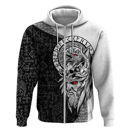 Viking Odin Ravens of Valhalla with Helm of Awe and Ancient Rune Patterns Viking Hoodie