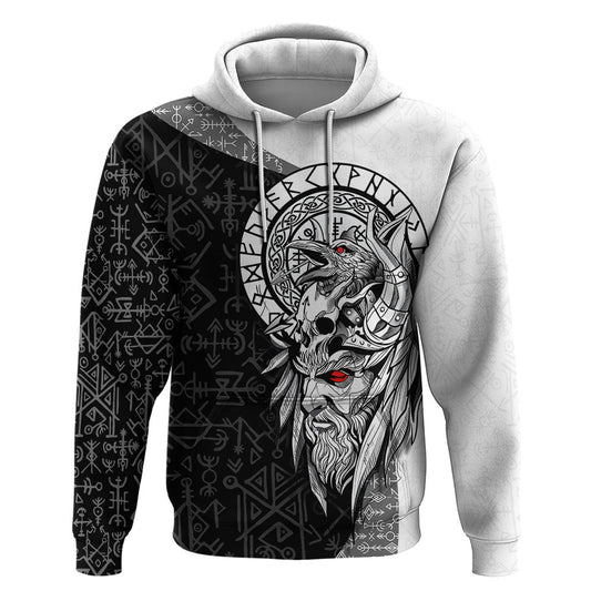 Viking Odin Ravens of Valhalla with Helm of Awe and Ancient Rune Patterns Viking Hoodie