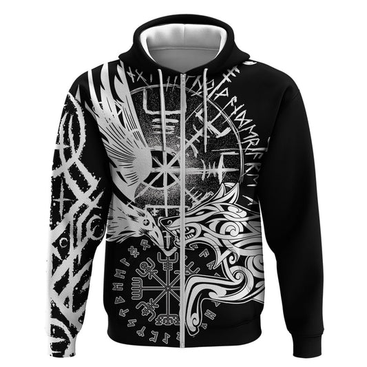 Vikings Raven and Wolf Zipper with Aegishjalmur Unique Viking Hoodie
