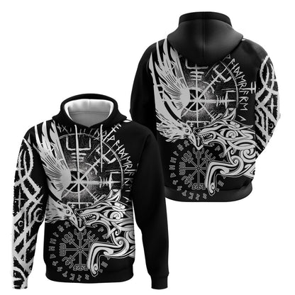 Vikings Raven and Wolf with Aegishjalmur Unique Viking Hoodie