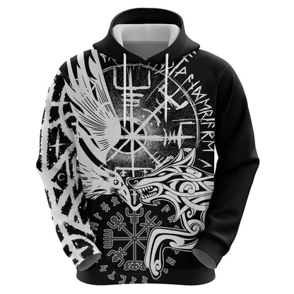 Vikings Raven and Wolf with Aegishjalmur Unique Viking Hoodie