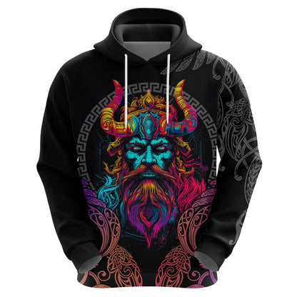 Nordic Warrior with Raven Motif Neon Viking Hoodie