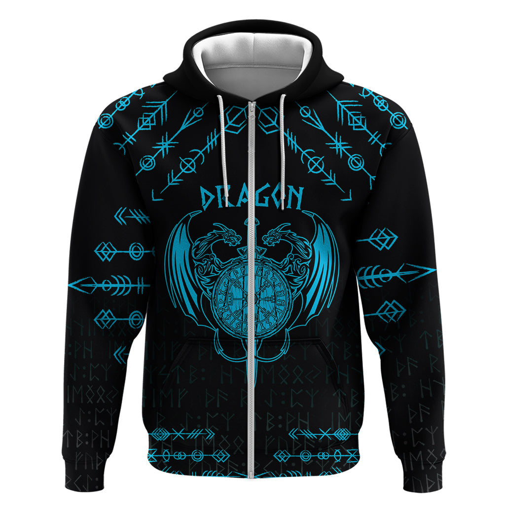 (Custom) Viking Dragon Zipper with Sword Blue Scandinavian Tattoo Viking Hoodie