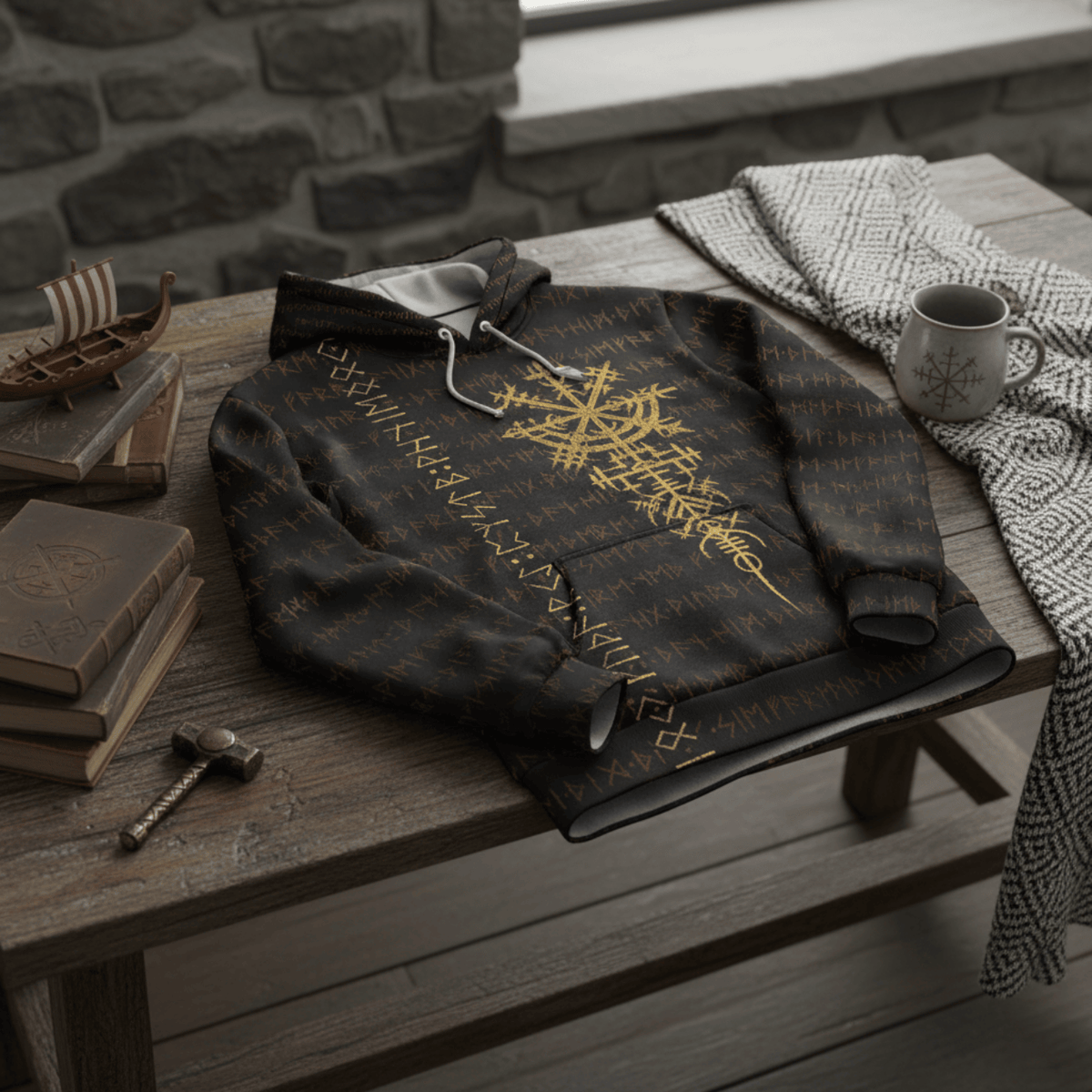 Viking Style Hoodie - Scandinavian Viking Vegvisir Runic Grunge A39 VKNGB