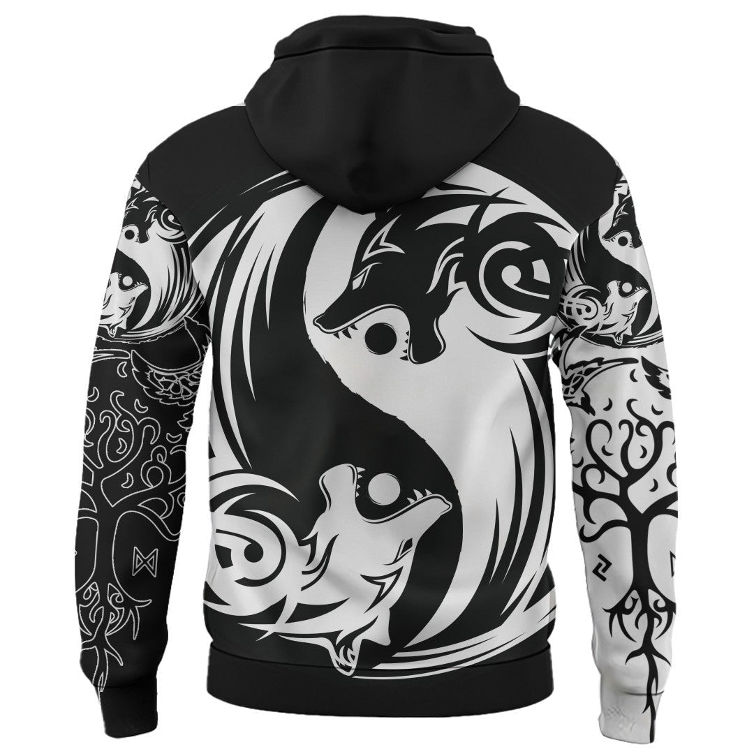 Viking Style Zip Hoodie - Ying Yang Wolf A39 VKNGB