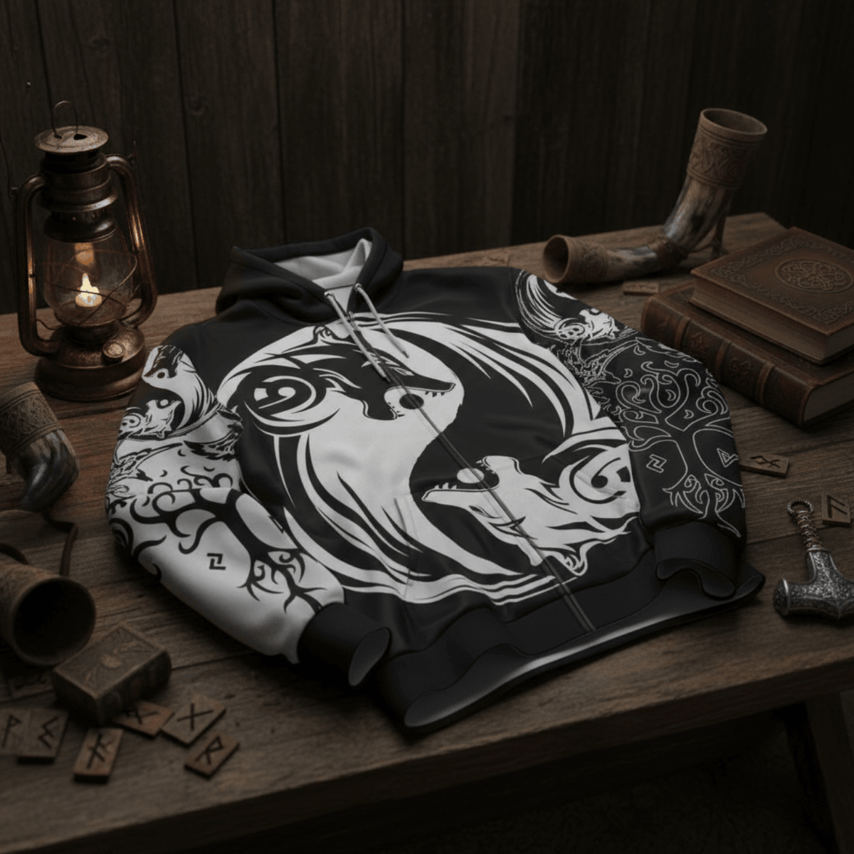 Viking Style Zip Hoodie - Ying Yang Wolf A39 VKNGB