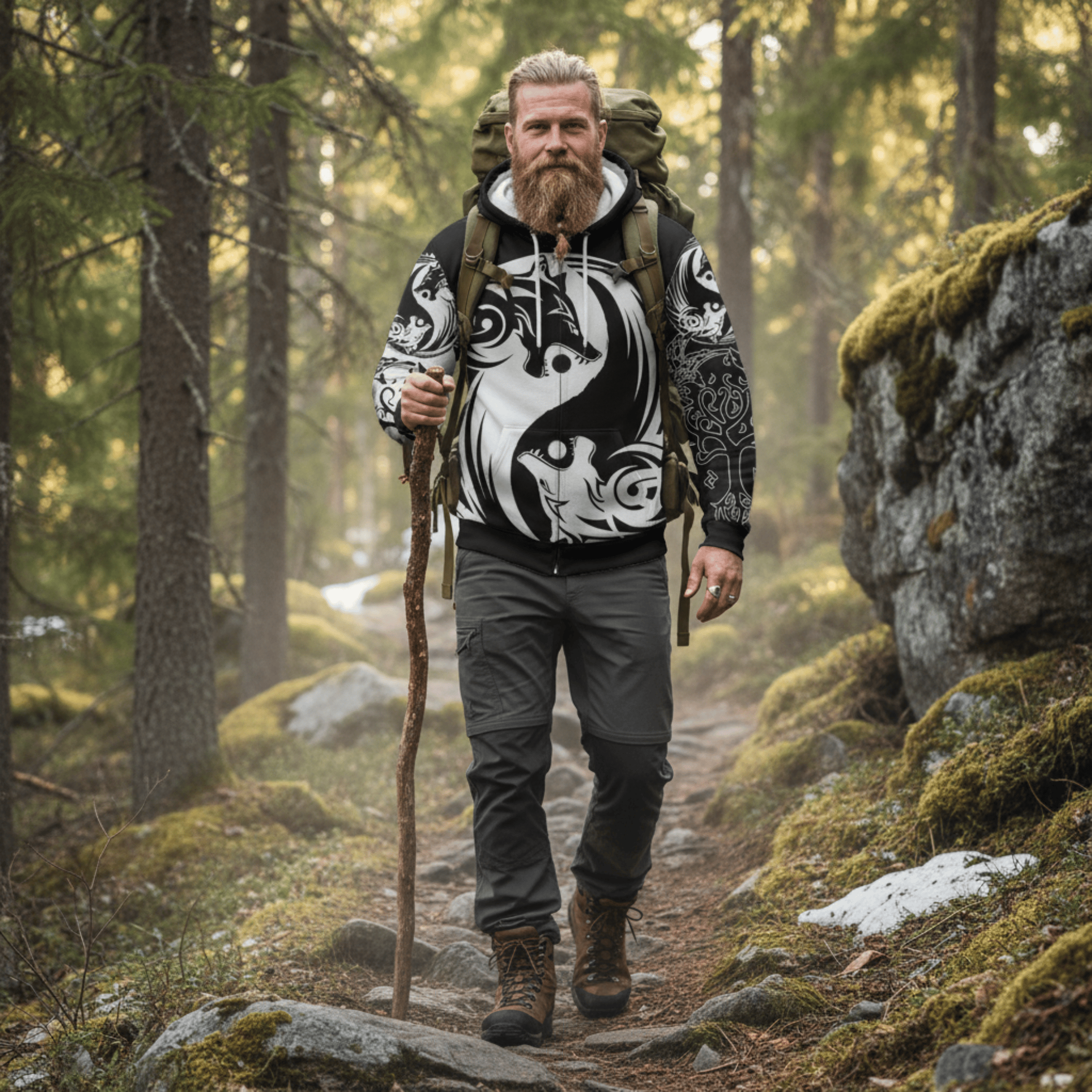 Viking Style Zip Hoodie - Ying Yang Wolf A39 VKNGB
