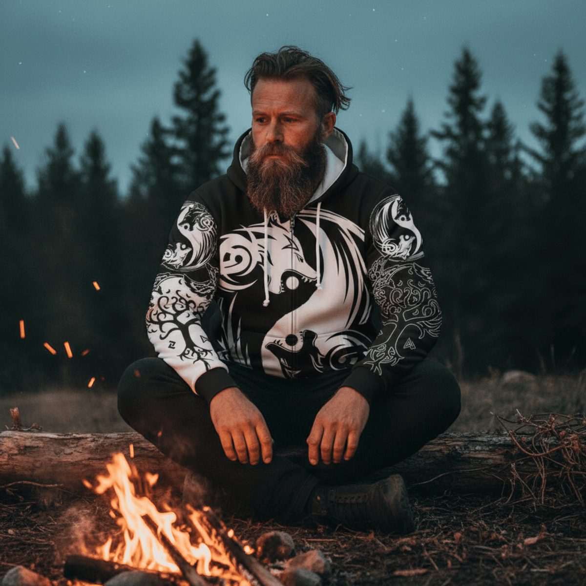 Viking Style Zip Hoodie - Ying Yang Wolf A39 VKNGB