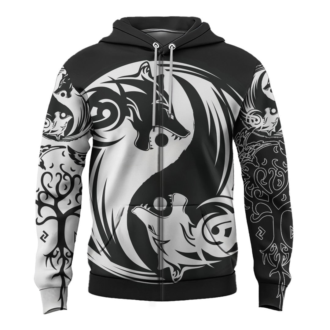 Viking Style Zip Hoodie - Ying Yang Wolf A39 VKNGB