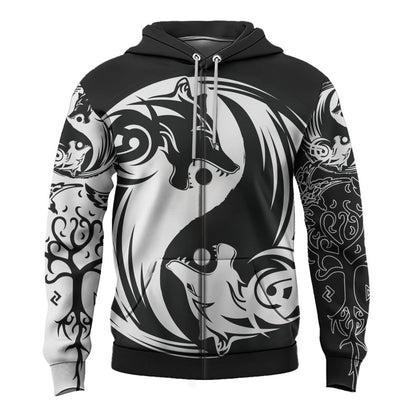 Viking Style Zip Hoodie - Ying Yang Wolf A39 VKNGB