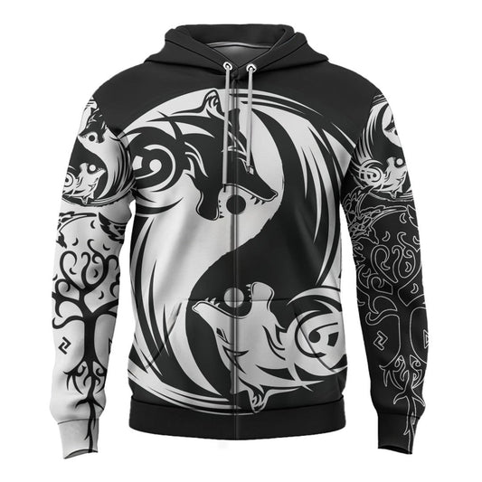Viking Style Zip Hoodie - Ying Yang Wolf A39 VKNGB