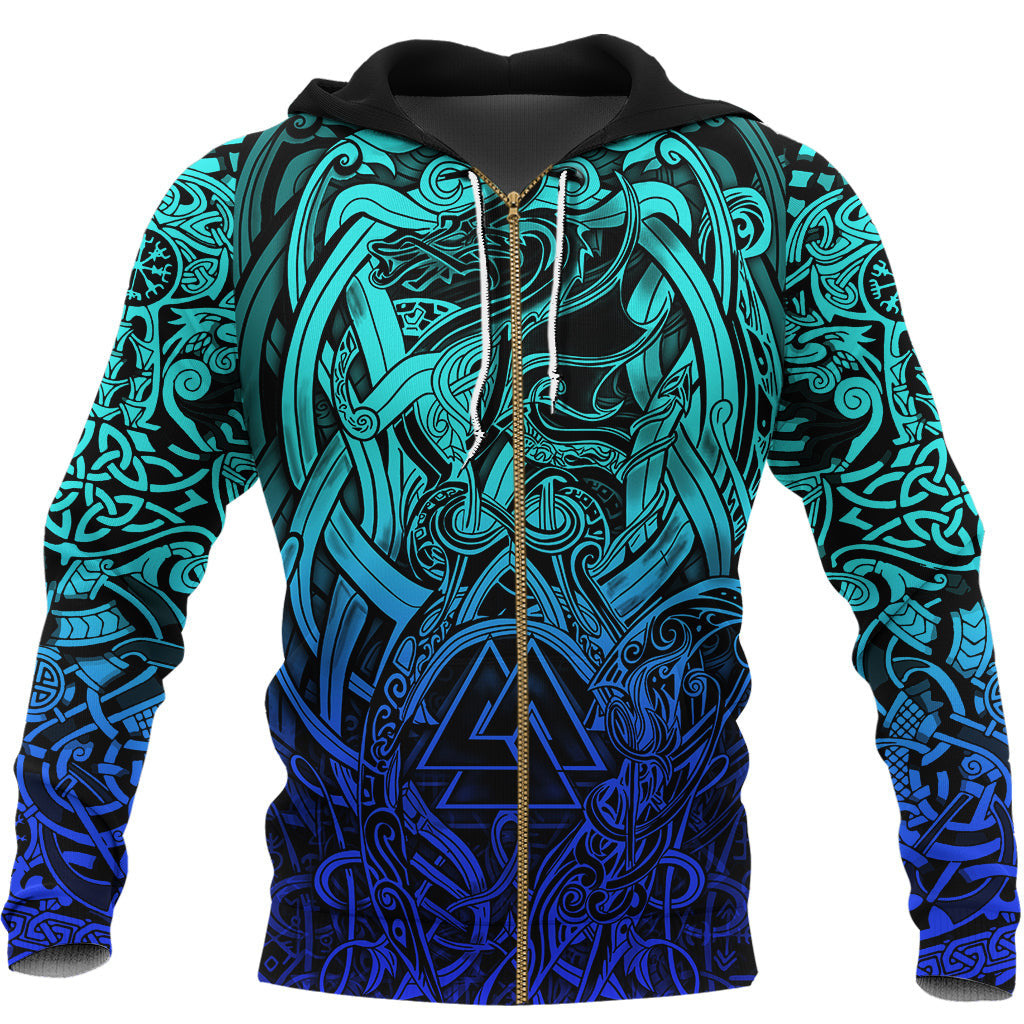 Viking Style Zip Hoodie - Valknut and Dragon Tattoo Special Blue A39 VKNGB