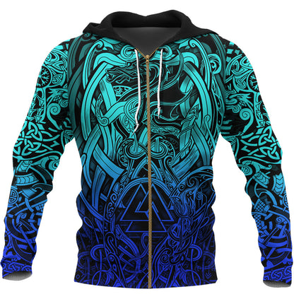 Viking Style Zip Hoodie - Valknut and Dragon Tattoo Special Blue A39 VKNGB