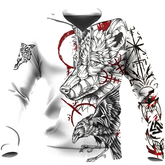 Viking Style - Fenrir and Raven Blood Tattoo Hoodie A39 VKNGB