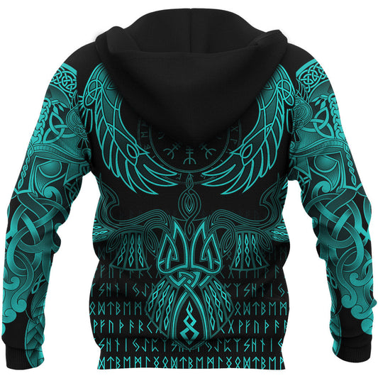 Viking Style Zip Hoodie Raven Of Odin Cyan A39 VKNGB