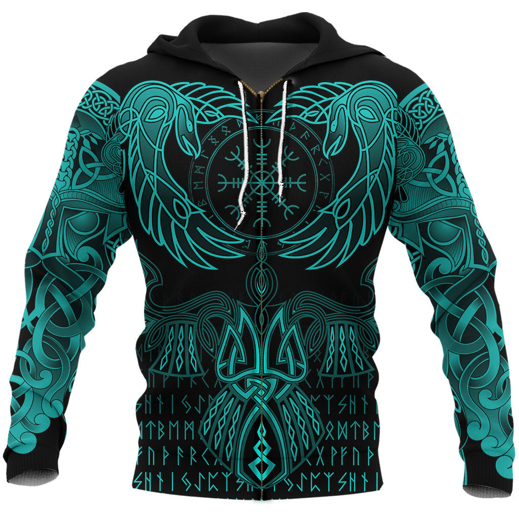 Viking Style Zip Hoodie Raven Of Odin Cyan A39 VKNGB