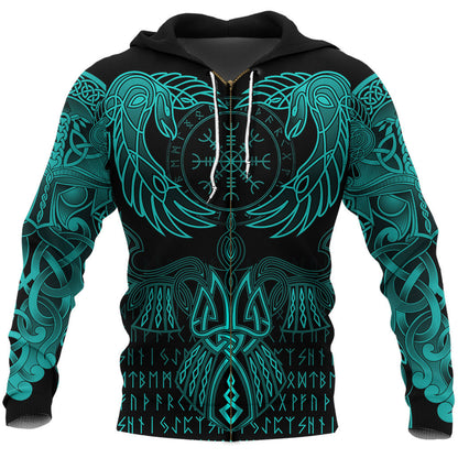 Viking Style Zip Hoodie Raven Of Odin Cyan A39 VKNGB