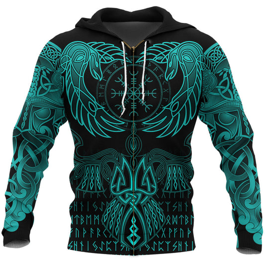 Viking Style Zip Hoodie Raven Of Odin Cyan A39 VKNGB