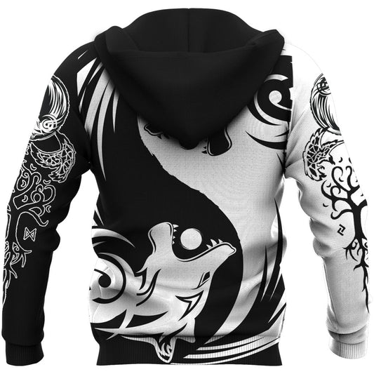 Viking Style Hoodie - Ying Yang Wolf A39 VKNGB