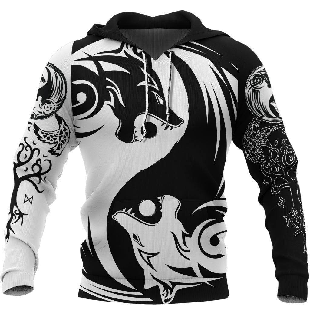 Viking Style Hoodie - Ying Yang Wolf A39 VKNGB