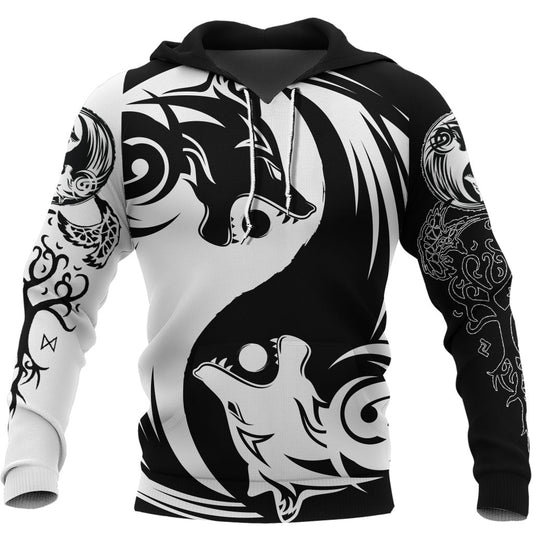 Viking Style Hoodie - Ying Yang Wolf A39 VKNGB