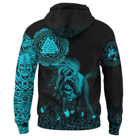 Viking Style Zip Hoodie - Sleipnir Odin Cyan A31 VKNGB