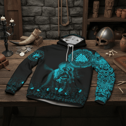 Viking Style Zip Hoodie - Sleipnir Odin Cyan A31 VKNGB