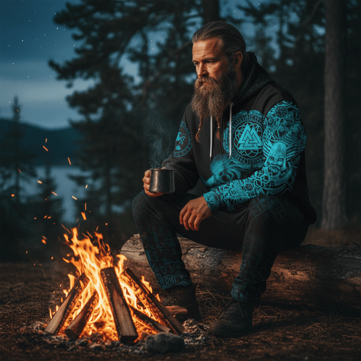 Viking Style Zip Hoodie - Sleipnir Odin Cyan A31 VKNGB