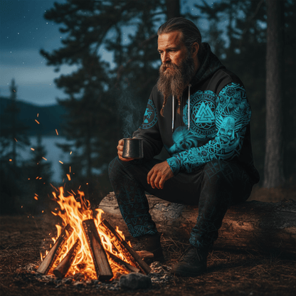 Viking Style Zip Hoodie - Sleipnir Odin Cyan A31 VKNGB