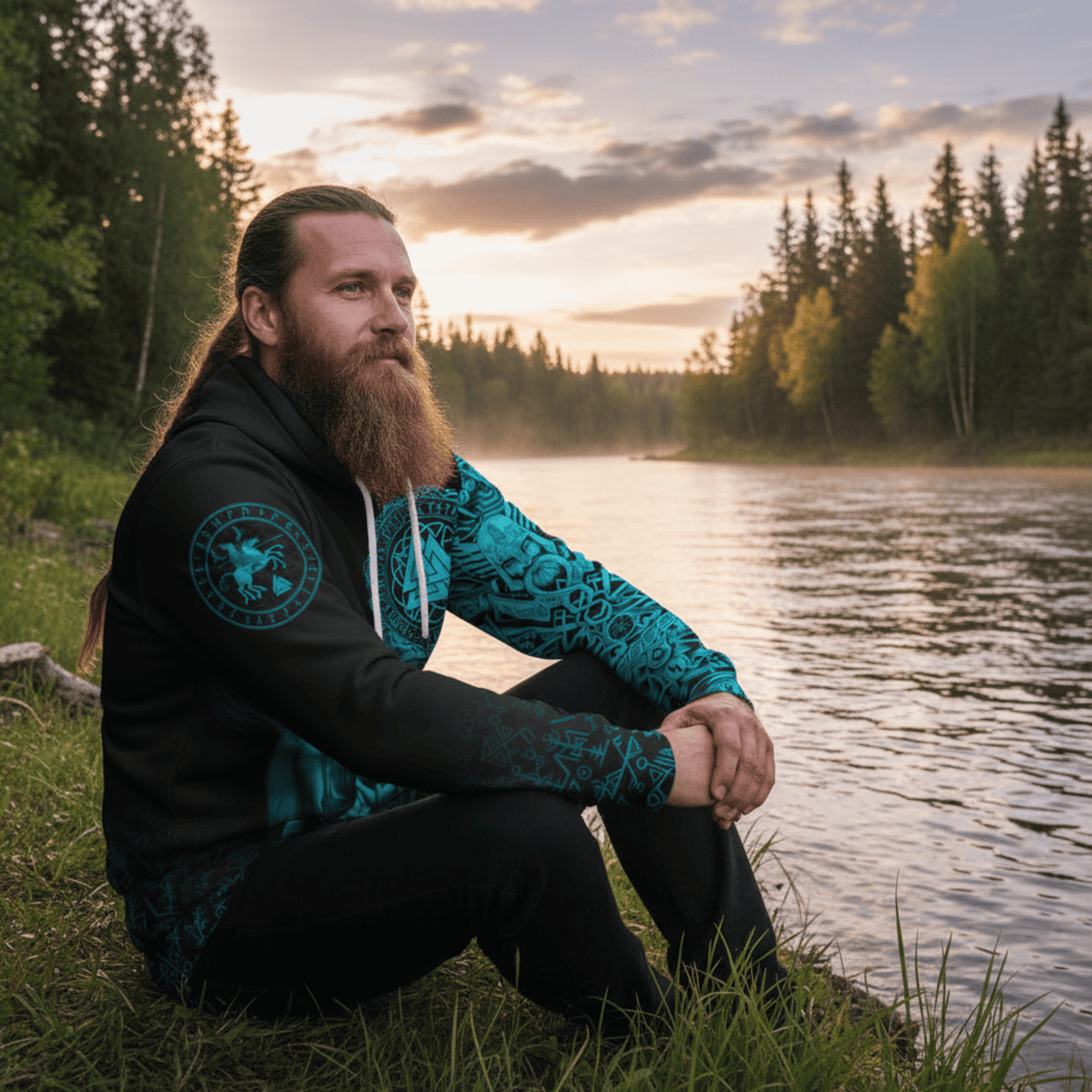 Viking Style Zip Hoodie - Sleipnir Odin Cyan A31 VKNGB