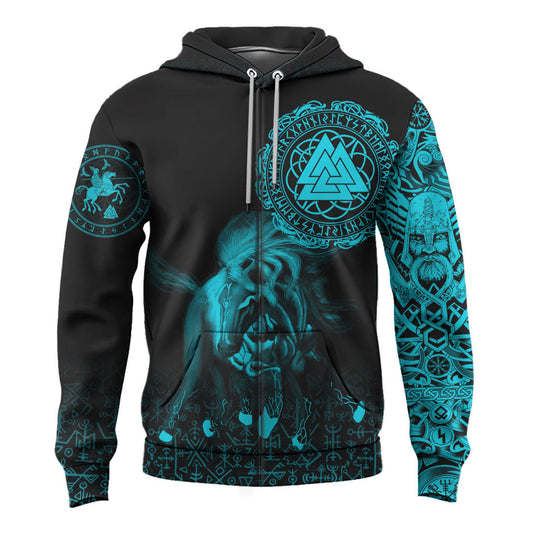 Viking Style Zip Hoodie - Sleipnir Odin Cyan A31 VKNGB