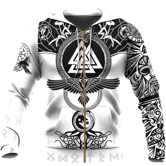 Viking Style Hoodie - Ouroboros Raven and Valknut Tattoo A39 VKNGB