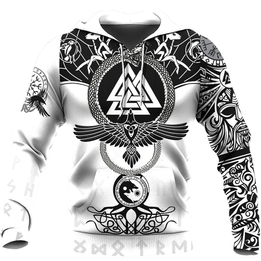 Viking Style Hoodie - Ouroboros Raven and Valknut Tattoo A39 VKNGB