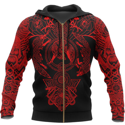 Viking Style Hoodie Tattoo All Over Print Red (Zip) A39 VKNGB