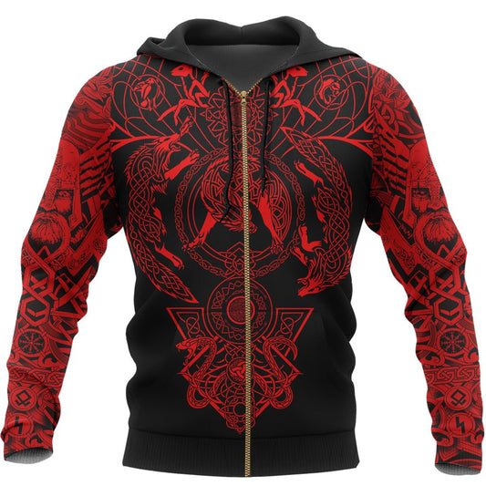 Viking Style Hoodie Tattoo All Over Print Red (Zip) A39 VKNGB