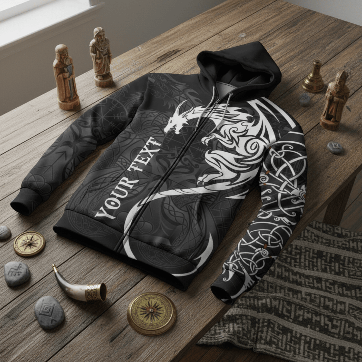 Custom Viking Style Zip Hoodie - Dragon Tattoo A39 VKNGB