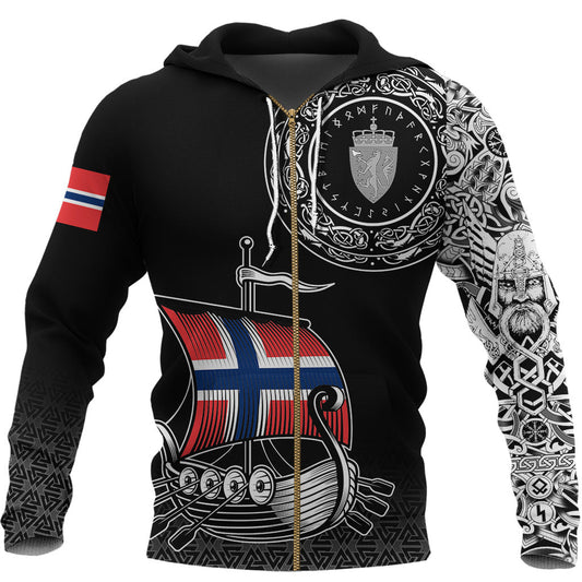 Viking Style Zip Hoodie - Norwegian Drakkar A39 VKNGB
