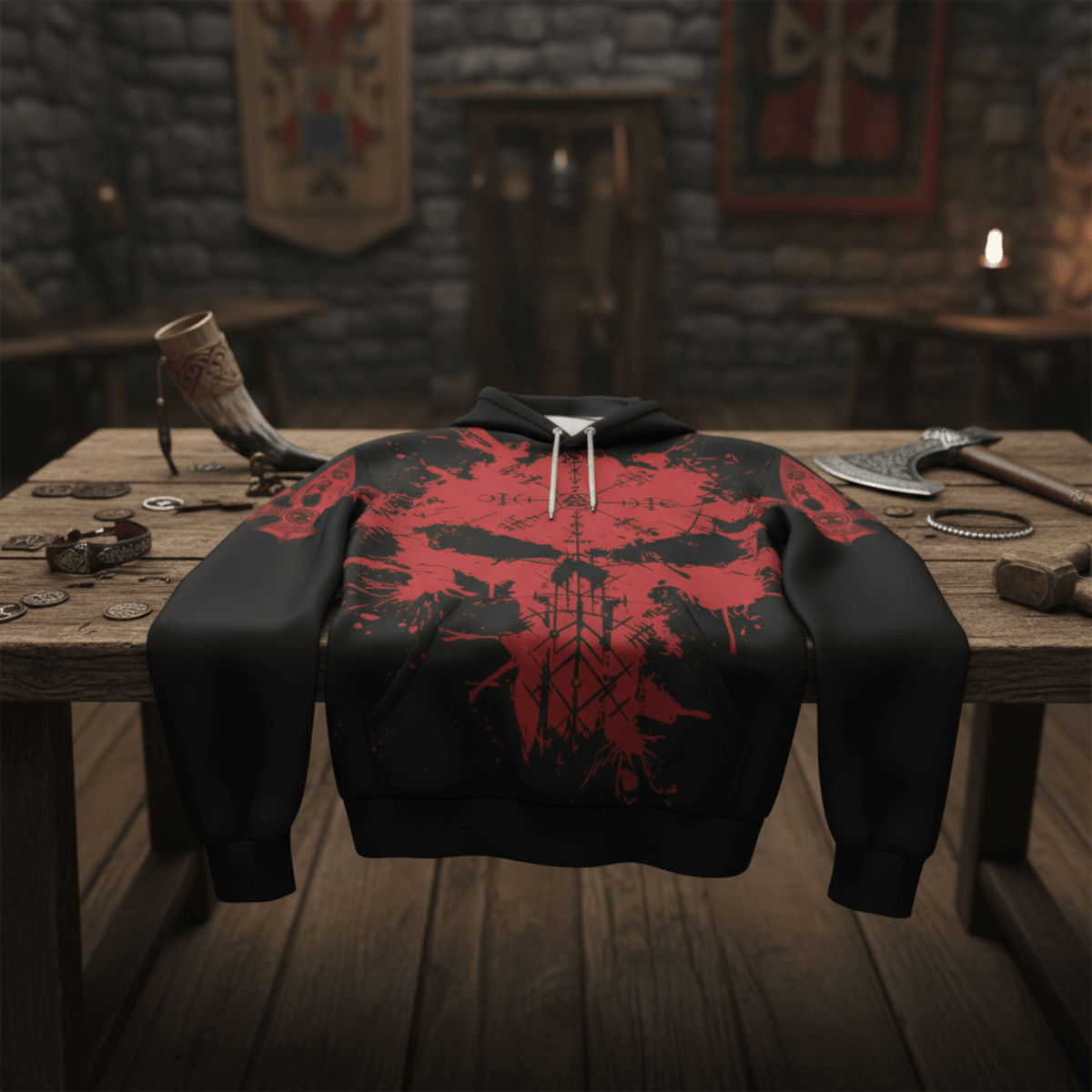 Viking Style Pullover Hoodie - Viking Skull Punisher Blood and Vegvisir A39 VKNGB