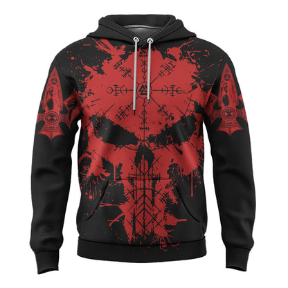 Viking Style Pullover Hoodie - Viking Skull Punisher Blood and Vegvisir A39 VKNGB