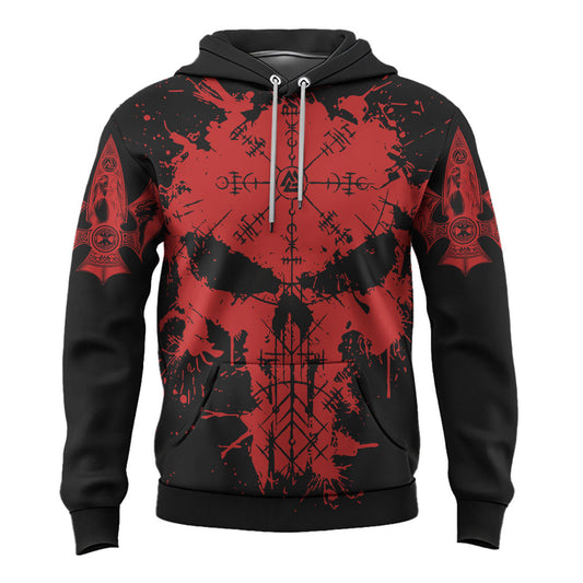 Viking Style Pullover Hoodie - Viking Skull Punisher Blood and Vegvisir A39 VKNGB