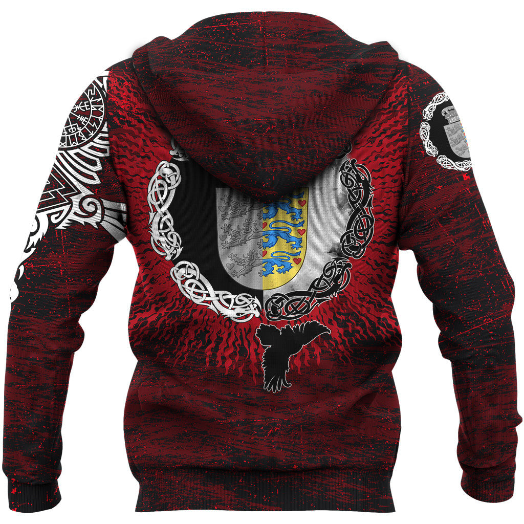Viking Style Hoodie - Denmark Raven of Odin and Symbol Viking on Blood Background A39 VKNGB