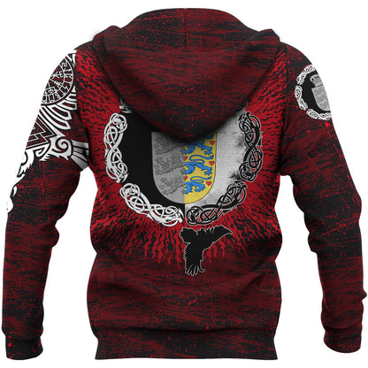 Viking Style Hoodie - Denmark Raven of Odin and Symbol Viking on Blood Background A39 VKNGB