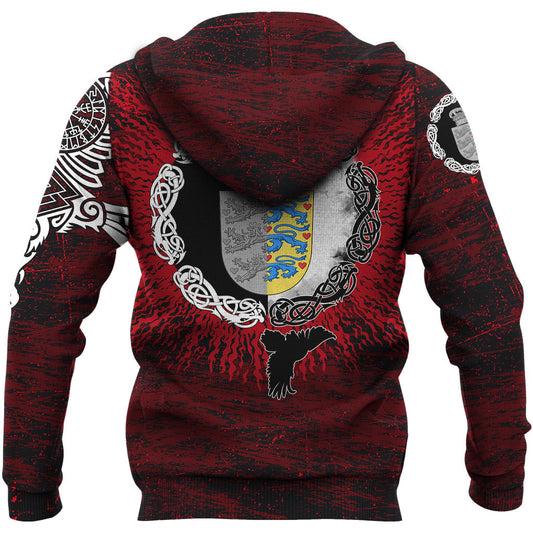 Viking Style Hoodie - Denmark Raven of Odin and Symbol Viking on Blood Background A39 VKNGB